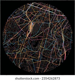 Map of Bagneux, Hauts-de-Seine with all major and minor roads, railways and waterways. Colorful line art on black background.