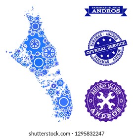 Map of Bahamas - Andros Island designed with blue gear symbols, and isolated scratched stamps for official repair services.
