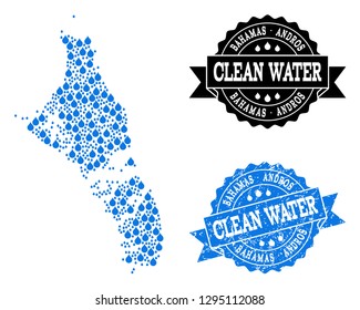 Map of Bahamas - Andros Island vector mosaic and clean water grunge stamp. Map of Bahamas - Andros Island created with blue aqua raindrops. Seal with grunge rubber texture for clean drinking water.