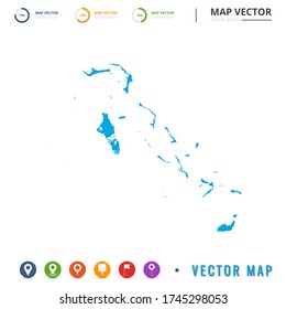 Mapa de las Bahamas azul y el icono del pin fijo.