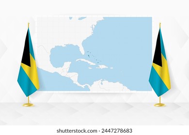 Map of The Bahamas and flags of The Bahamas on flag stand. Vector illustration for diplomacy meeting.