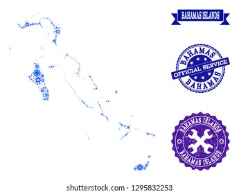 Map of Bahamas Islands designed with blue cog symbols, and isolated scratched seals for official repair services.
