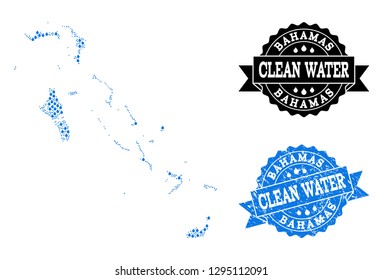 Map of Bahamas Islands vector mosaic and clean water grunge stamp. Map of Bahamas Islands formed with blue aqua tears. Seal with grunge rubber texture for pure drinking water.