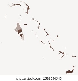 Map of Bahamas with regions. Just a simple country border map with region division. Brown color palette. Flat The Bahamas shape with administrative division. Vector illustration.