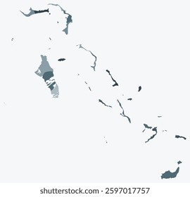 Map of Bahamas with regions. Just a simple country border map with region division. Blue grey color palette. Plain The Bahamas shape with administrative division. Vector illustration.