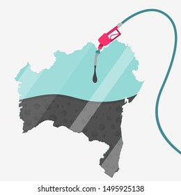 Map of Bahia being fueled by oil. Gas pump fueled map. On the map there is glass reflection. Brazilian state. Conceptual. Oil producing or importing regions.