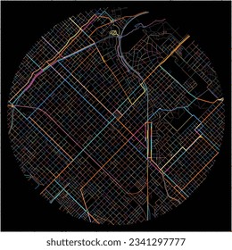 Map of BahiaBlanca with all major and minor roads, railways and waterways. Colorful line art on black background.