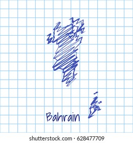 Map of Bahrain, blue sketch abstract background. The hand drawn map on school grid background texture. scribble pan vector illustration