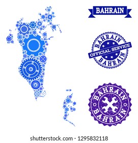 Map of Bahrain composed with blue cog symbols, and isolated rubber stamps for official repair services. Vector abstract mosaic of map of Bahrain with machinery symbols in blue color hues.