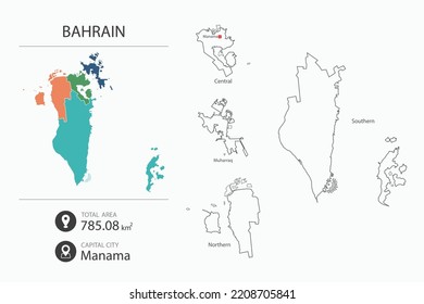 Map of Bahrain with detailed country map. Map elements of cities, total areas and capital.
