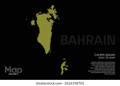 Mapa do Bahrein com linhas geográficas amarelas, isolado sobre um fundo preto. Perfeito para vários projetos de design