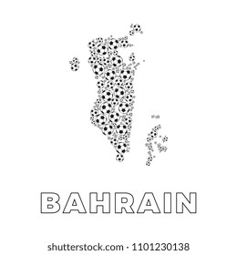 map of Bahrain filled with soccer balls of different sizes and name of country on white background