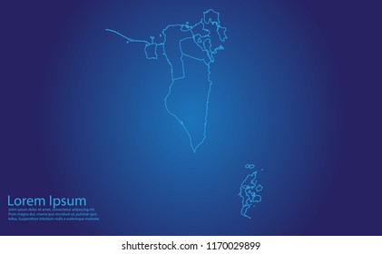 Map of bahrain - With glowing point and lines scales on the dark gradient background. bahrain map with country borders, thin Blue outline on Dark background.