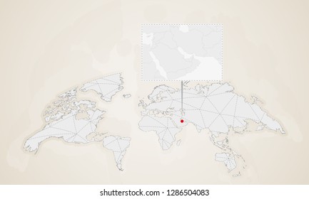 Map of Bahrain with neighbor countries pinned on world map. Abstract triangles World Map.