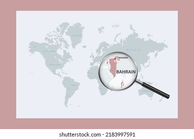 Map of Bahrain on political world map with magnifying glass