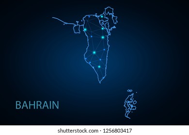 Map of Bahrain from Polygonal wire frame low poly mesh, contours network line, luminous space stars, design sphere, dot and structure. Vector Illustration EPS10. - Vector