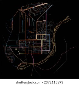 Map of Baikonur with all major and minor roads, railways and waterways. Colorful line art on black background.