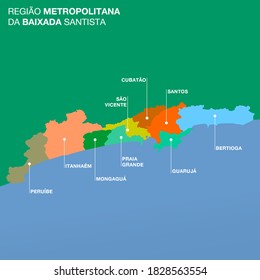 Map of the Baixada Santista. Metropolitan area on the coast of the State of São Paulo - Brazil with the borders of the nine municipalities.