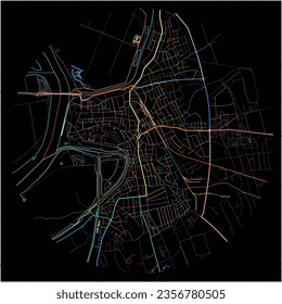 Map of Baja, Bács-Kiskun with all major and minor roads, railways and waterways. Colorful line art on black background.