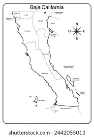 Map of Baja California in black and white, with names and political division of municipalities