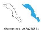 Map of Baja California Sur, a state of Mexico. Map with detailed outlines and blue silhouettes