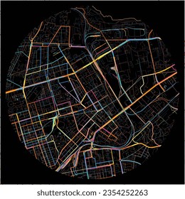 Map of Baku with all major and minor roads, railways and waterways. Colorful line art on black background.