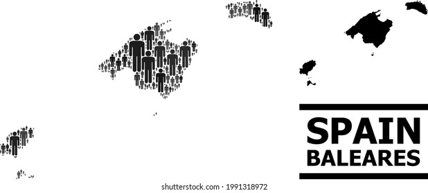 Map of Baleares Province for social agitprop. Vector demographics mosaic. Mosaic map of Baleares Province designed of social icons. Demographic scheme in dark gray color shades.
