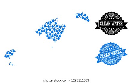 Map of Balearic Islands vector mosaic and clean water grunge stamp. Map of Balearic Islands designed with blue liquid dews. Seal with corroded rubber texture for natural drinking water.