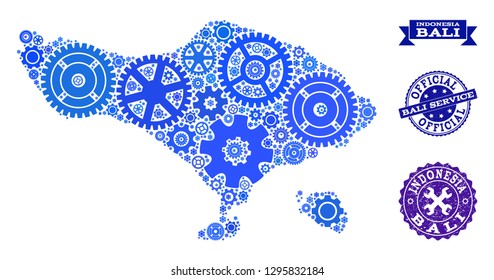 Map of Bali Island composed with blue engine items, and isolated grunge seals for official repair services. Vector abstract collage of map of Bali Island with repair symbols in blue color tones.