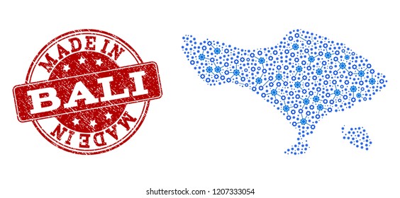 Map of Bali Island vector mosaic and Made In grunge stamp. Map of Bali Island formed with blue engine connections. Made in red seal with grunge rubber texture.