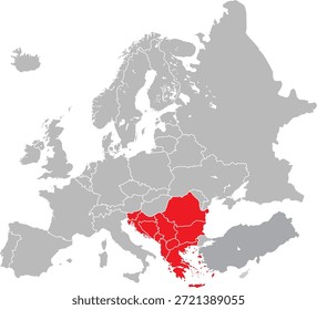 Mapa de los países de los Balcanes en el continente europeo Vector