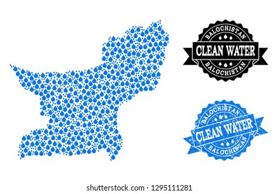 Map of Balochistan Province vector mosaic and clean water grunge stamp. Map of Balochistan Province formed with blue water dews. Seal with distress rubber texture for clear drinking water.