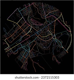 Map of Balti, Bălți municipality with all major and minor roads, railways and waterways. Colorful line art on black background.