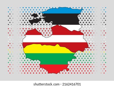 Map of Baltic States. Estonia, Latvia, Lithuania flags. Dotted gray background.