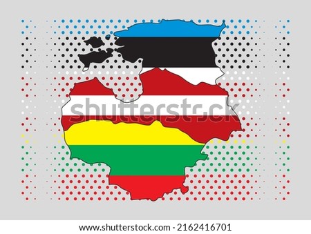 Map of Baltic States. Estonia, Latvia, Lithuania flags. Dotted gray background.
