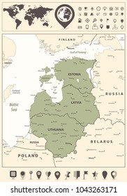 Map of the Baltic States and World Map with navigation icon. Vector illustration.