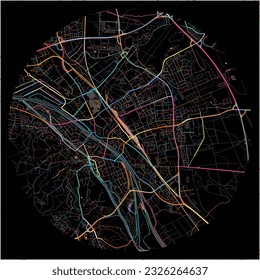 Map of Bamberg, Bavaria with all major and minor roads, railways and waterways. Colorful line art on black background.