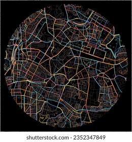 Map of Bangalore, Karnataka with all major and minor roads, railways and waterways. Colorful line art on black background.