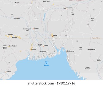 Map of Bangladesh. Map is drawn in high detail and for clarity shows only major cities. Country is drawn with neighboring countries.