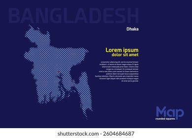Map of Bangladesh featuring rounded squares with light blue color. The location of the capital marked with a red square. Isolated on a dark blue background. Perfect for various design projects