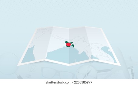 Mapa de Bangladesh con la bandera de Bangladesh en el contorno del mapa en un contexto abstracto de viaje. Ilustración de viaje.