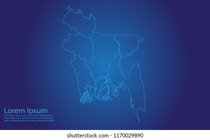 Map of bangladesh - With glowing point and lines scales on the dark gradient background. bangladesh map with country borders, thin Blue outline on Dark background.