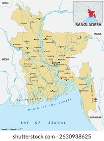Mapa de Bangladesh com as principais cidades e rios