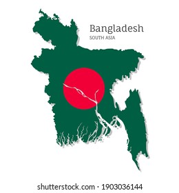 Map of Bangladesh with national flag. Highly detailed editable map of Bangladesh, South Asia country territory borders. Political or geographical design element vector illustration on white background