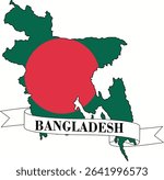 The map of Bangladesh overlaid with the Bangladeshi flag and its name written on a ribbon