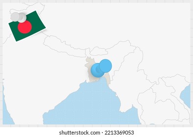 Map of Bangladesh with a pinned blue pin. Pinned flag of Bangladesh, vector illustration.