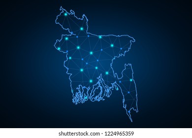 Map of Bangladesh from Polygonal wire frame low poly mesh, contours network line, luminous space stars, design sphere, dot and structure. Vector Illustration EPS10.
