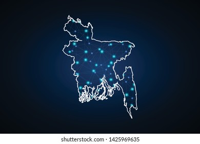 Map of Bangladesh from Polygonal wire frame low poly mesh, contours network line, luminous space stars, design sphere, dot and structure. Vector Illustration EPS10. - Vector - Vector