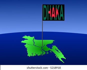 mapa de Bangladesh con la posición de Dhaka marcado por la ilustración de la bandera