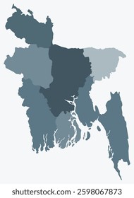 Map of Bangladesh with regions. Just a simple country border map with region division. Blue grey color palette. Plain People's Republic of Bangladesh shape with administrative division.